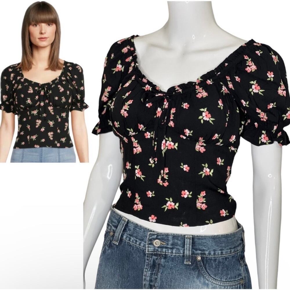 No Boundaries Womans Size XS Top Floral Black Short Sleeve Puff Peasant Blouse
